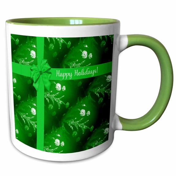 3drose, Image of Lime Green Bow on Christmas Wrapping Paper, Happy Holiday, 11oz Two-tone Green Mug