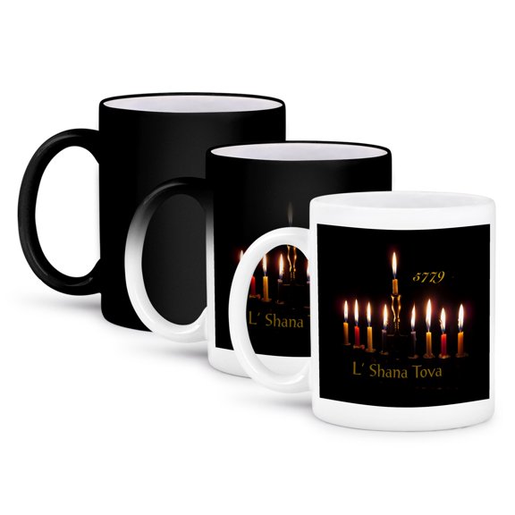 3drose, Image of Lit New Year Menorah and Says L Shana Tova, 11oz Magic Transforming Mug