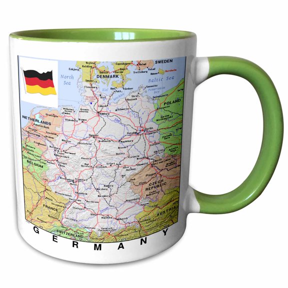 3drose, Image of Map of Germany with Cities and Flag, 11oz Two-tone Green Mug
