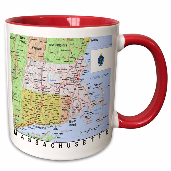 3drose, Image of Massachusetts Topographic Map with Flag, 11oz Two-tone Red Mug