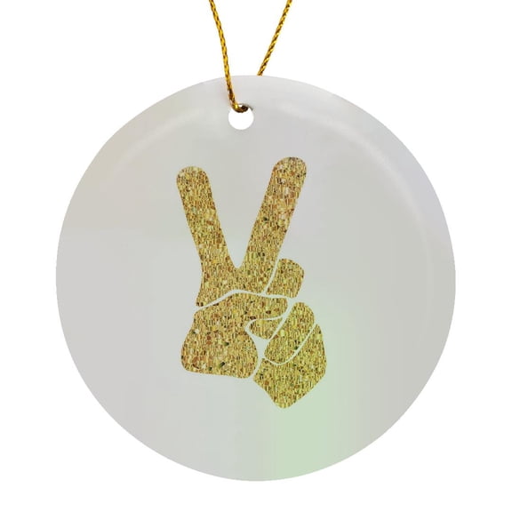 3drose, Image of Metallic Gold Hand Peace Sign, Circle Porcelain Ornament