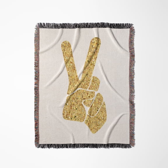 Image Of Metallic Gold Hand Peace Sign, Woven Blanket
