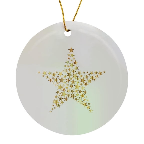 3drose, Image of Metallic Gold Stars with Large Star, Circle Porcelain Ornament