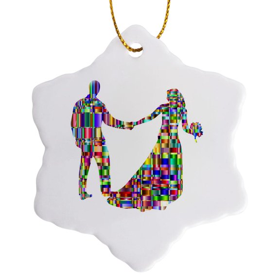 3drose, Image of Metallic Prism Bride and Groom, 3 inch Snowflake Porcelain Ornament