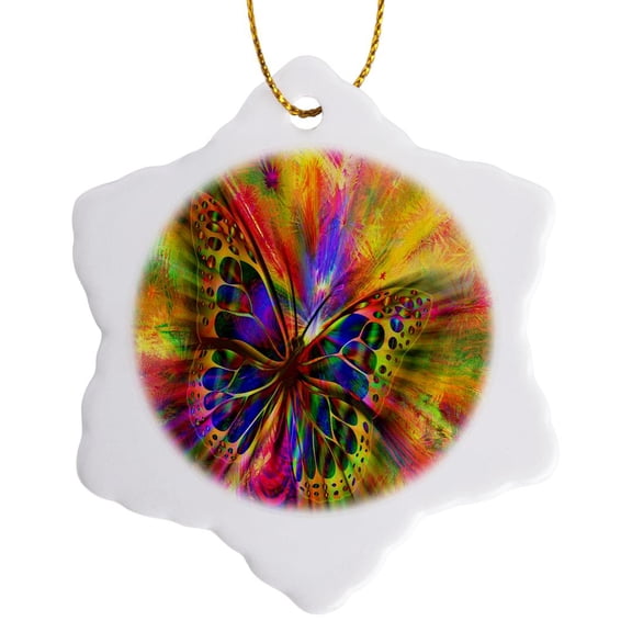 3drose, Image of Metallic Prism Butterfly on Colorful Background, 3 inch Snowflake Porcelain Ornament