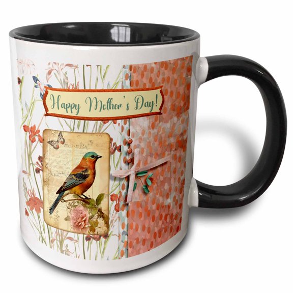 3drose, Image of Mothers Day, Bird, Flower, Butterfly, Bow, Flower Design, 15oz Two-tone Black Mug