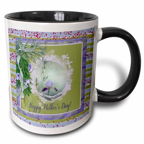 3drose, Image of Mothers Day, Flower Bud in Oval Flora Ribbon Frame, Lavender, 11oz Two-tone Black Mug
