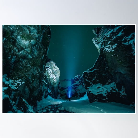 Image Of Mountains With Snow And Dark Sky With Laser Aiming Upwards Poster Wall Art, Modern Wall Decor, 12x18 UNFRAMED