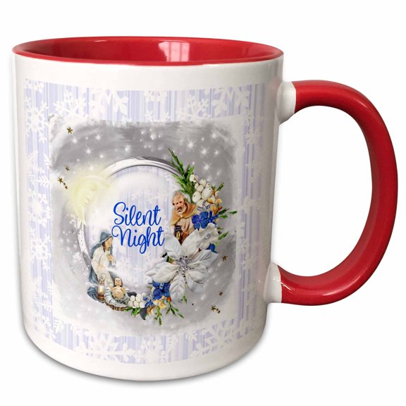 3drose, Image of Nativity Scene, Silent Night, Snowflake Frame, 15oz Two-tone Red Mug