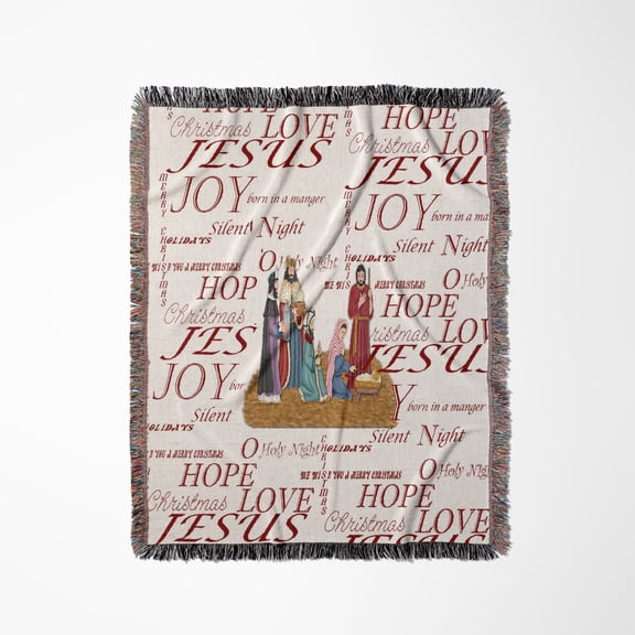 Image Of Nativity Scene, Word Of Christmas, Red, Woven Blanket