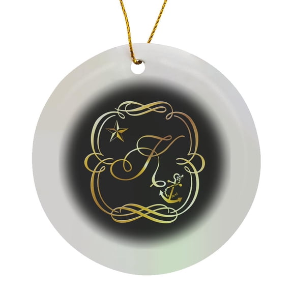 3drose, Image of Nautical Monogram Letter K with Star and Anchor- Not Foil, Circle Porcelain Ornament