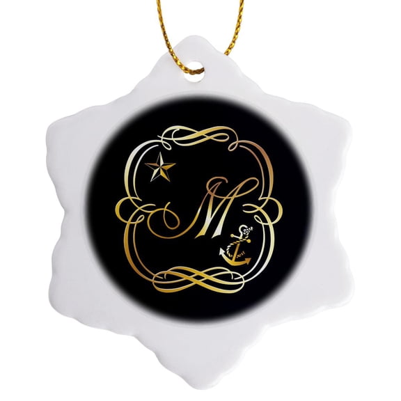 3drose, Image of Nautical Monogram Letter M with Star and Anchor- Not Foil, 3 inch Snowflake Porcelain Ornament