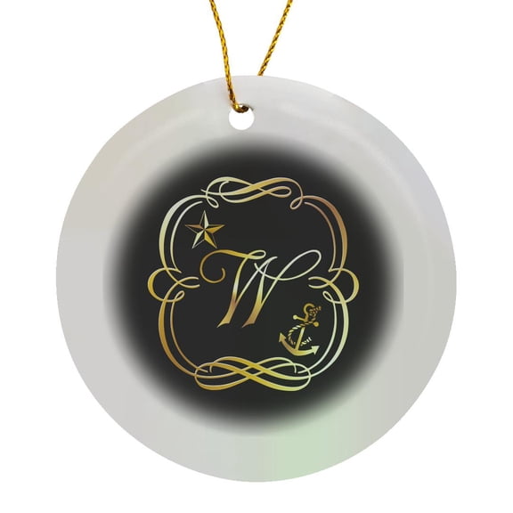3drose, Image of Nautical Monogram Letter W with Star and Anchor- Not Foil, Circle Porcelain Ornament