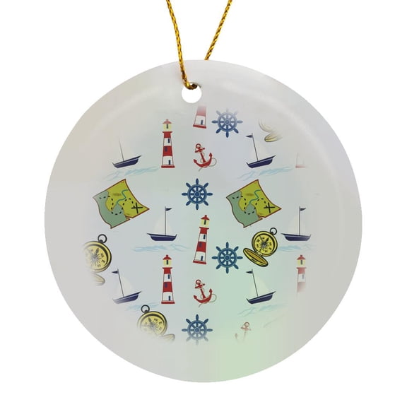3drose, Image of Nautical Toss with Map Compass Lighthouses, Circle Porcelain Ornament