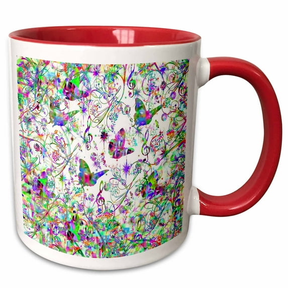 3drose, Image of Neon Butterflies and Music Notes Pattern, 15oz Two-tone Red Mug