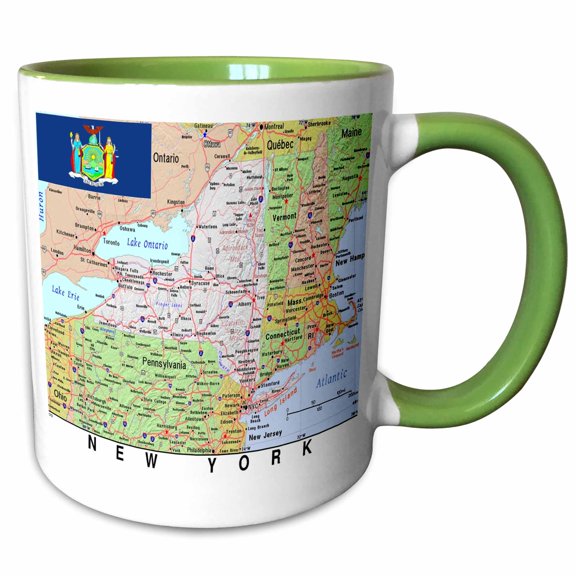 3drose, Image of New York Topographic Map with State Flag, 11oz Two-tone Green Mug