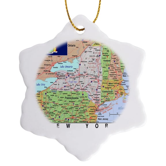 3drose, Image of New York Topographic Map with State Flag, 3 inch Snowflake Porcelain Ornament