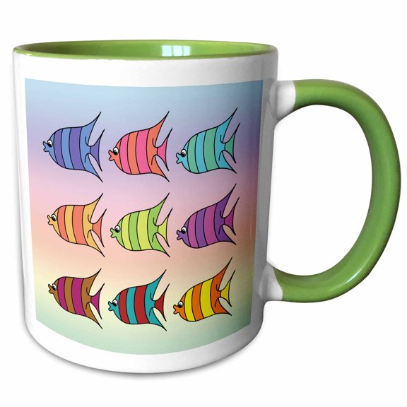 3drose, Image of Nine Cartoon Colorful Fish on Pastel Gradient, 11oz Two-tone Green Mug