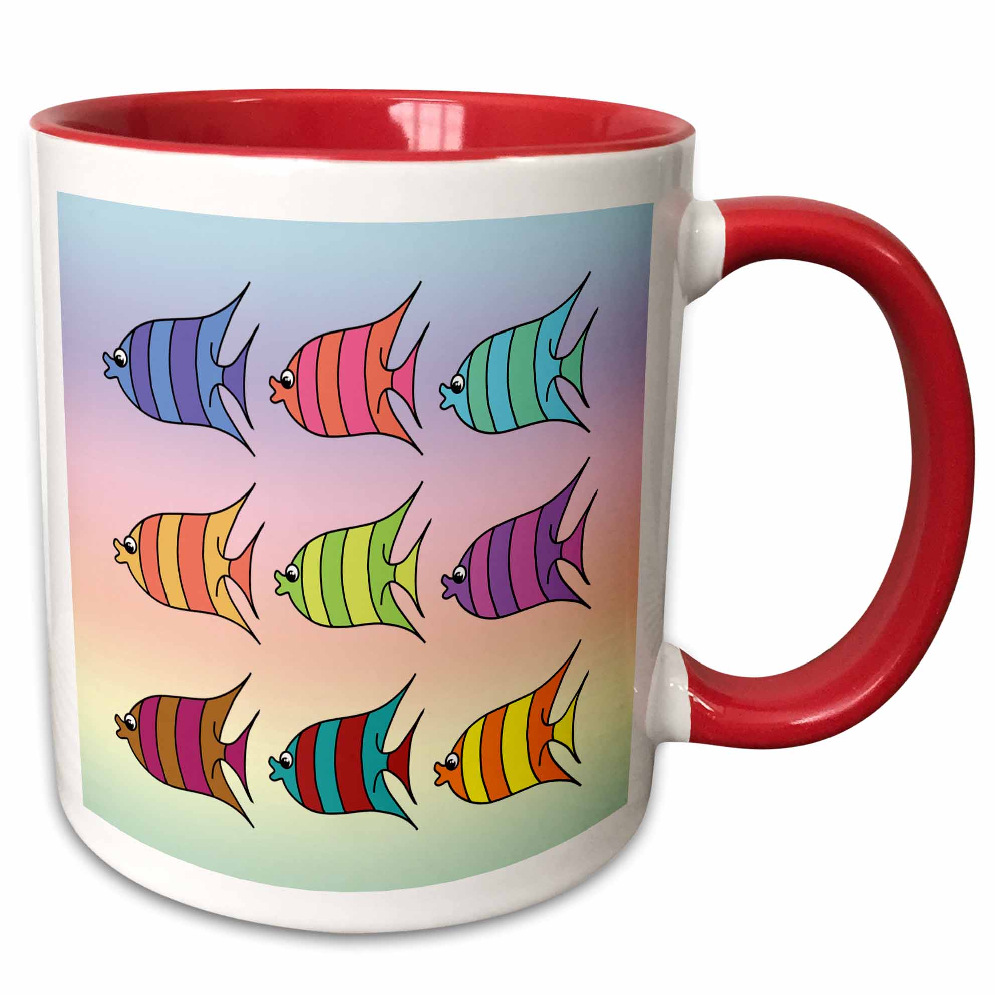Fish Stack Mug 3drose, Image of Nine Cartoon Colorful Fish on Pastel Gradient, 15oz ...