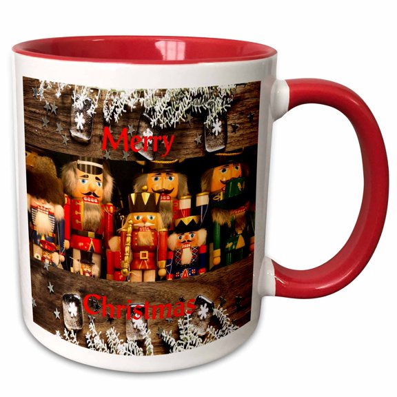 3drose, Image of Nutcracker Men Lineup on Country Dark Wood Merry Christmas, 11oz Two-tone Red Mug