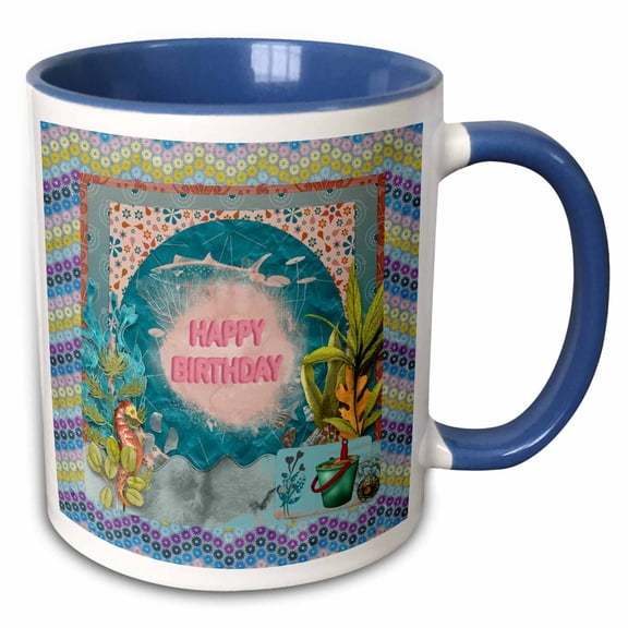 3drose, Image of Ocean Seahorse, Sand Bucket, Fish, Happy Birthday, 15oz Two-tone Blue Mug