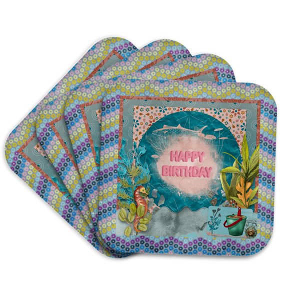 3drose, Image of Ocean Seahorse, Sand Bucket, Fish, Happy Birthday, Set of 4 Coasters - Soft