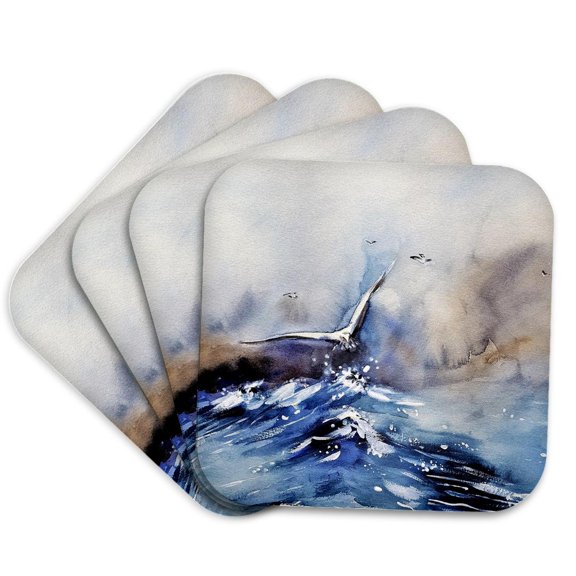 3drose, Image of Ocean Watercolor with Flying Seagull, Set of 4 Coasters - Soft