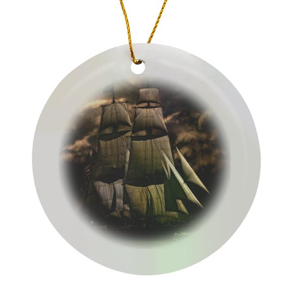 3drose, Image of Old Schooner on a Dark Stormy Night at Sea, Circle Porcelain Ornament
