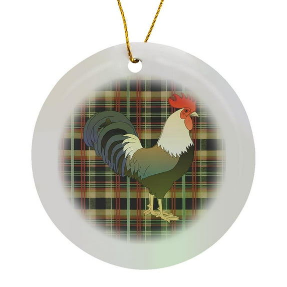 3drose, Image of Olive Greenish Rooster on Black Green Tan Plaid, Circle Porcelain Ornament