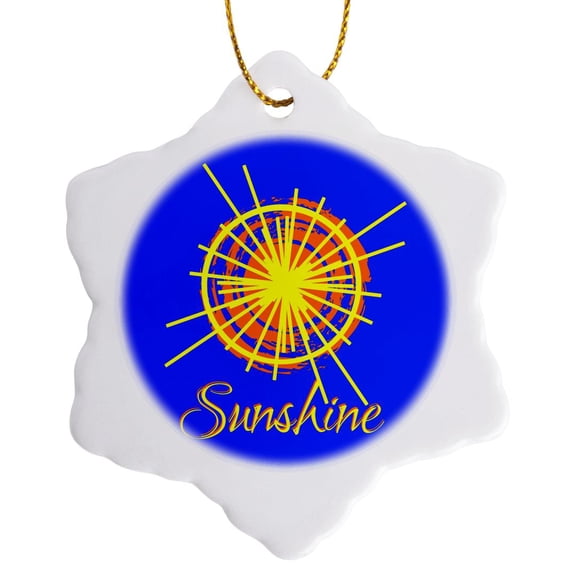 3drose, Image of Orange and Yellow Sun, the Text Sunshine on Blue Sky, 3 inch Snowflake Porcelain Ornament