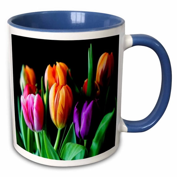 3drose, Image of Orange Pink Purple Tulips Against Black, 15oz Two-tone Blue Mug