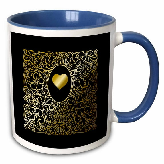 3drose, Image of Ornate Gold Effect Heart and Frame- Not Foil Embossed, 11oz Two-tone Blue Mug