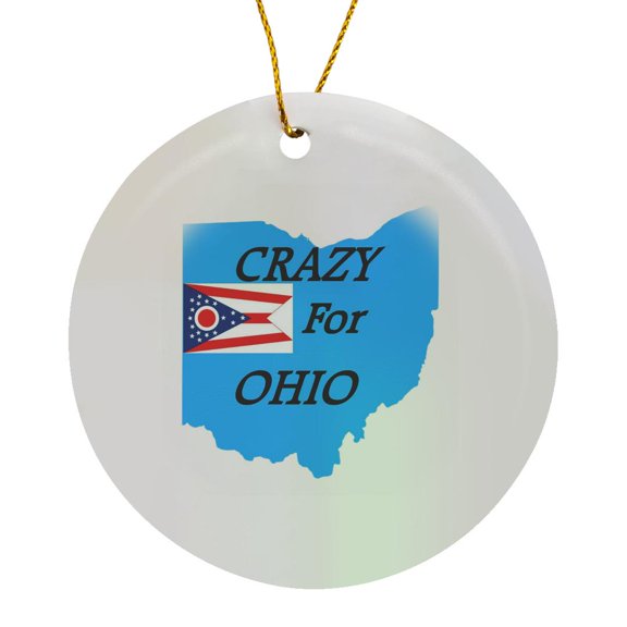 3drose, Image of Outline and Flag of Ohio with Words Crazy for Ohio, Circle Porcelain Ornament
