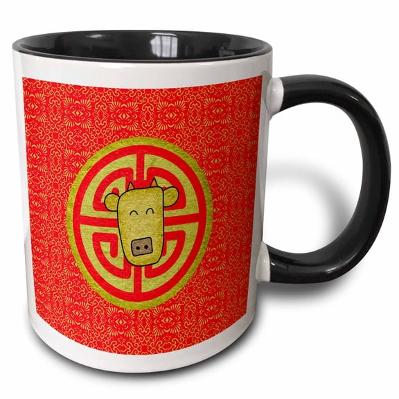 3drose, Image of Ox Head on Chinese Coin, Orange, Gold, 11oz Two-tone Black Mug
