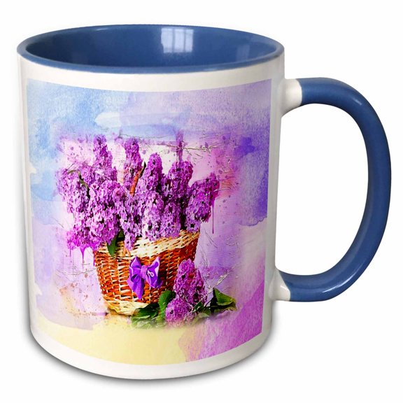 3drose, Image of Painting of Violet Flowers and Wicker Basket, 15oz Two-tone Blue Mug