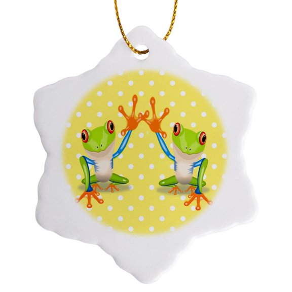 3drose, Image of Pair of Cartoon Frogs on Yellow Dots, 3 inch Snowflake Porcelain Ornament