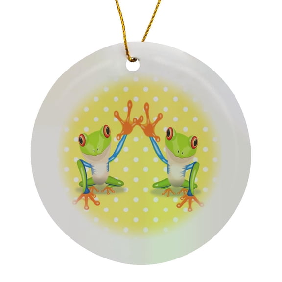 3drose, Image of Pair of Cartoon Frogs on Yellow Dots, Circle Porcelain Ornament