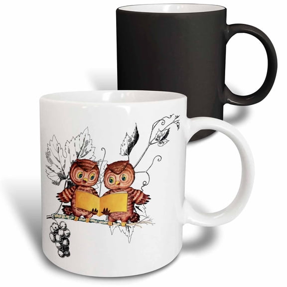 3drose, Image of Pair of Retro Owls Reading, 11oz Magic Transforming Mug