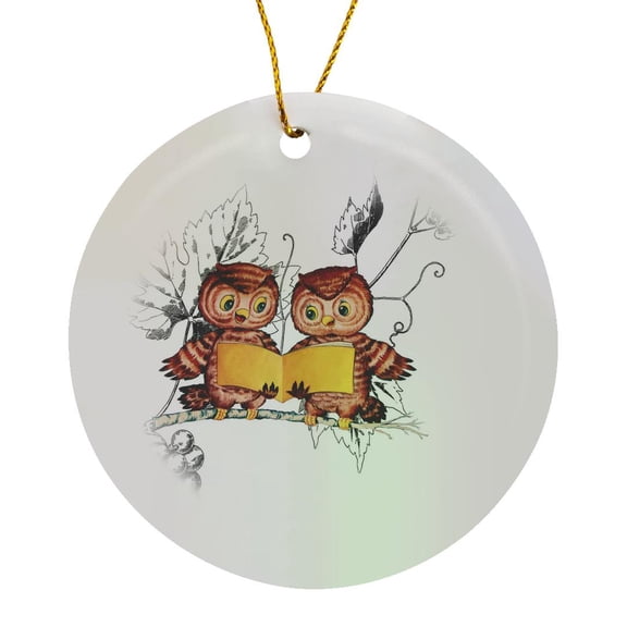 3drose, Image of Pair of Retro Owls Reading, Circle Porcelain Ornament