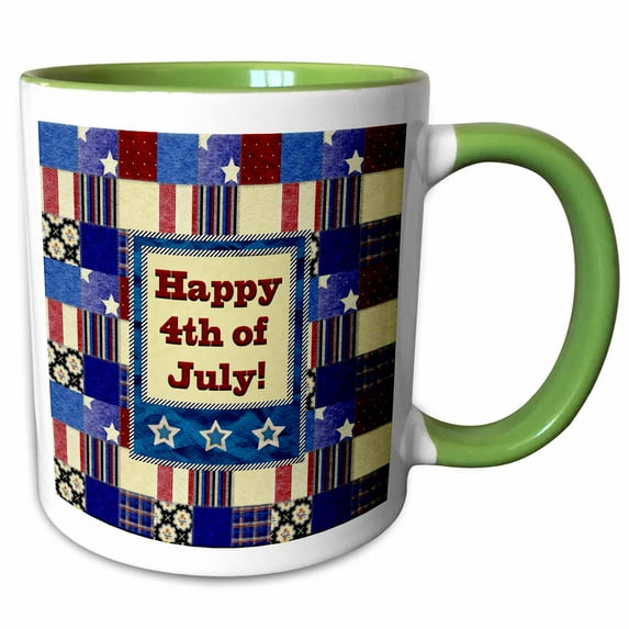 3drose, Image of Patriotic Quilt Design,happy 4th of July in Star Frame, 15oz Two-tone Green Mug