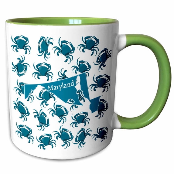 3drose, Image of Pattern of Turquoise Outline of Maryland with Crabs, 11oz Two-tone Green Mug