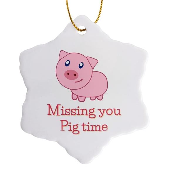3drose, Image of Pig with Text of Missing You Pig Time, 3 inch Snowflake Porcelain Ornament