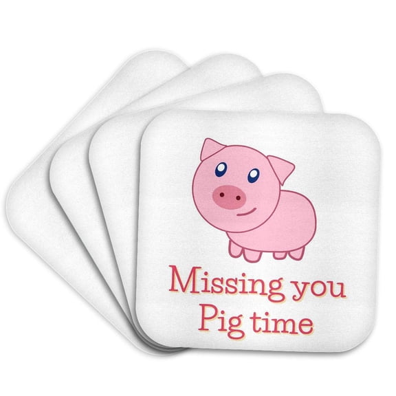 3drose, Image of Pig with Text of Missing You Pig Time, Set of 4 Coasters - Soft