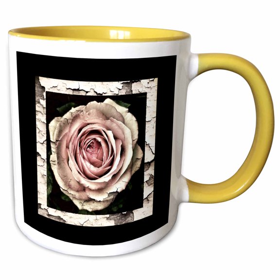 3drose, Image of Pink Cabbage Rose in Cracked Aged Wood Frame, 11oz Two-tone Yellow Mug