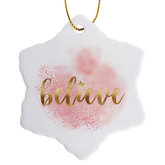 3drose, Image of Pink Glitz Gold Believe with Star, 3 inch Snowflake Porcelain Ornament