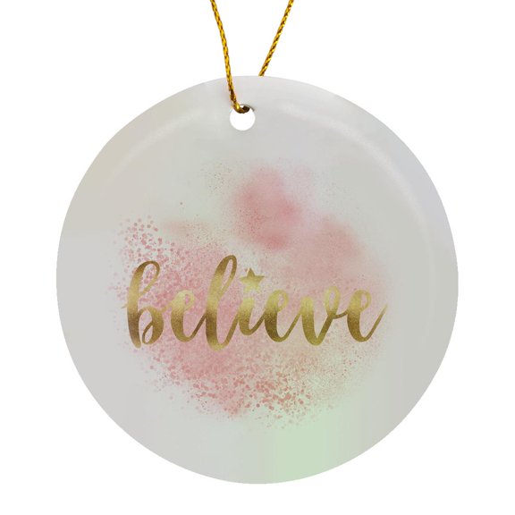 3drose, Image of Pink Glitz Gold Believe with Star, Circle Porcelain Ornament