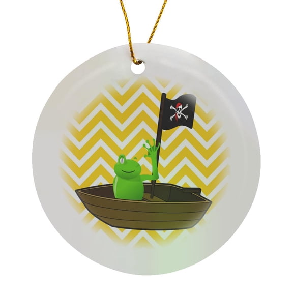 3drose, Image of Pirate Frog on Yellow Chevron Stripes, Circle Porcelain Ornament