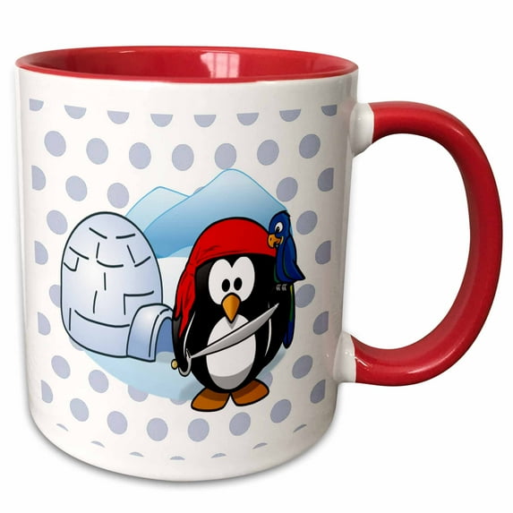3drose, Image of Pirate Penguin with Parrot and Igloo on Blue Dots, 11oz Two-tone Red Mug