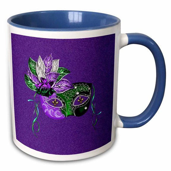 3drose, Image of Purple and Green Mask with Leaves, Fleur De Lis and Ribbon, 11oz Two-tone Blue Mug