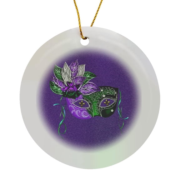 3drose, Image of Purple and Green Mask with Leaves, Fleur De Lis and Ribbon, Circle Porcelain Ornament